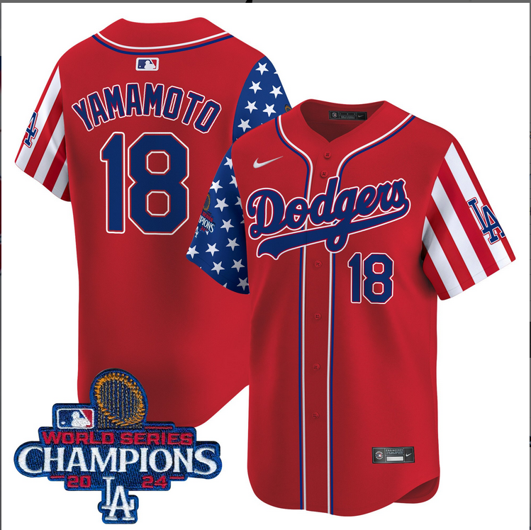 Men MLB Los Angeles Dodgers #18 Yamamoto American Style red 2024 World Series Champions  Limited Jersey